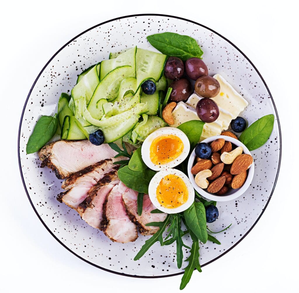 ketogenic diet buddha bowl dish with meatloaf chicken meat avocado berries and nuts