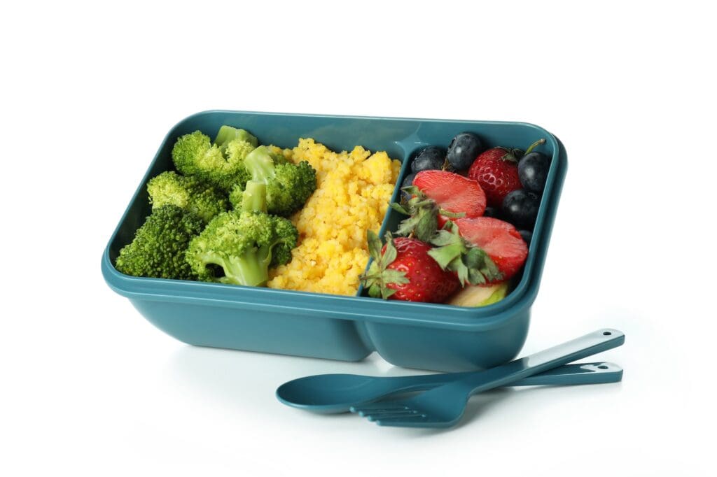 lunch box with food isolated on white background