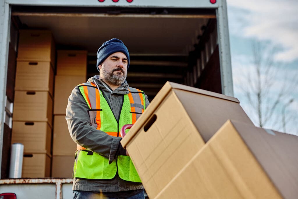delivery man loading packages for shipment into back of a truck